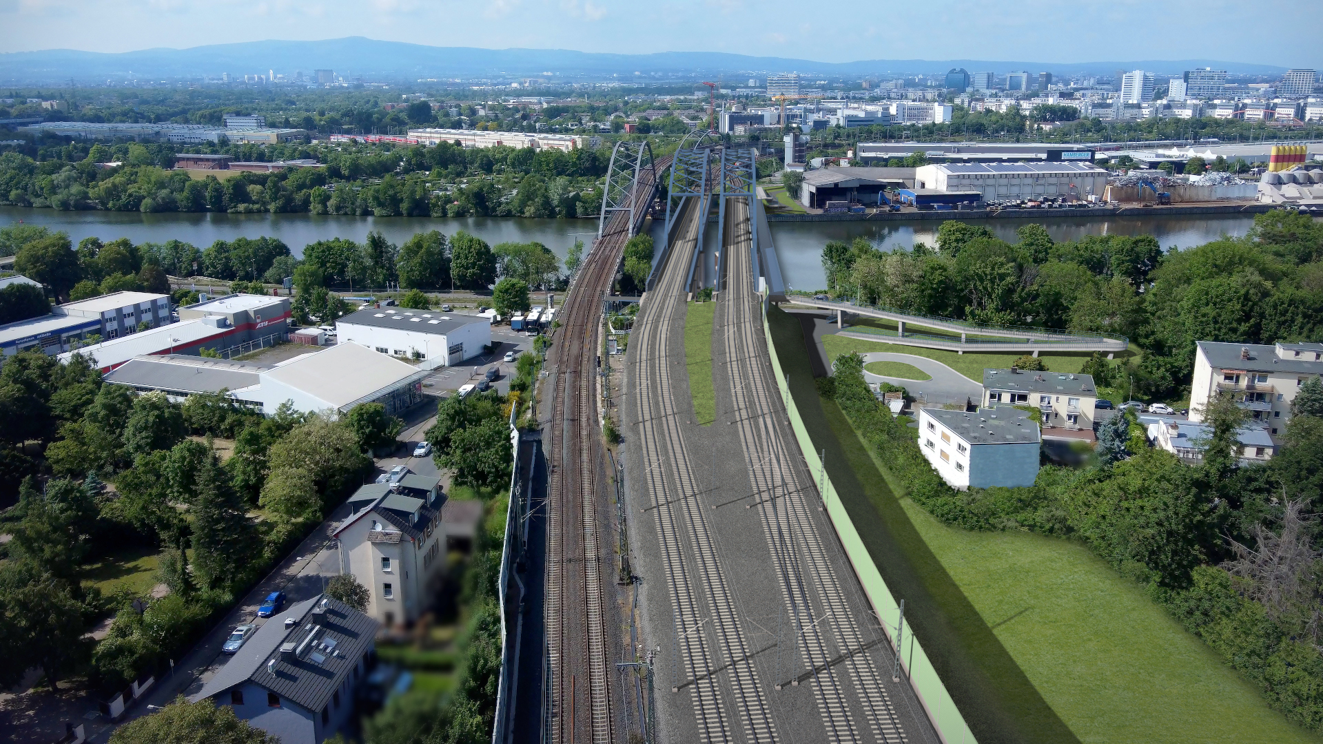 Drei Brücken, über die Gleise führe. Die rechte und die mittlere Brücken sind visualisiert.